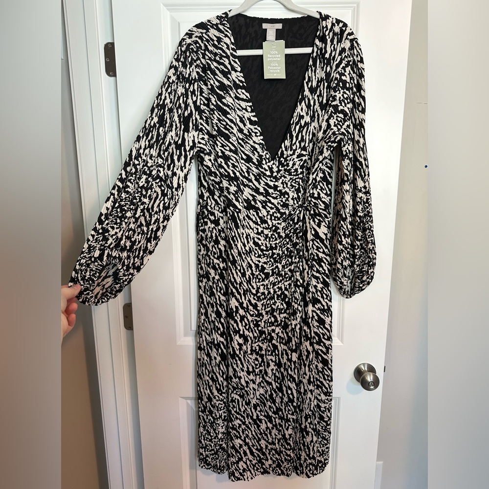 H&M Black and White Wrap Midi Dress with Bishop Sleeves